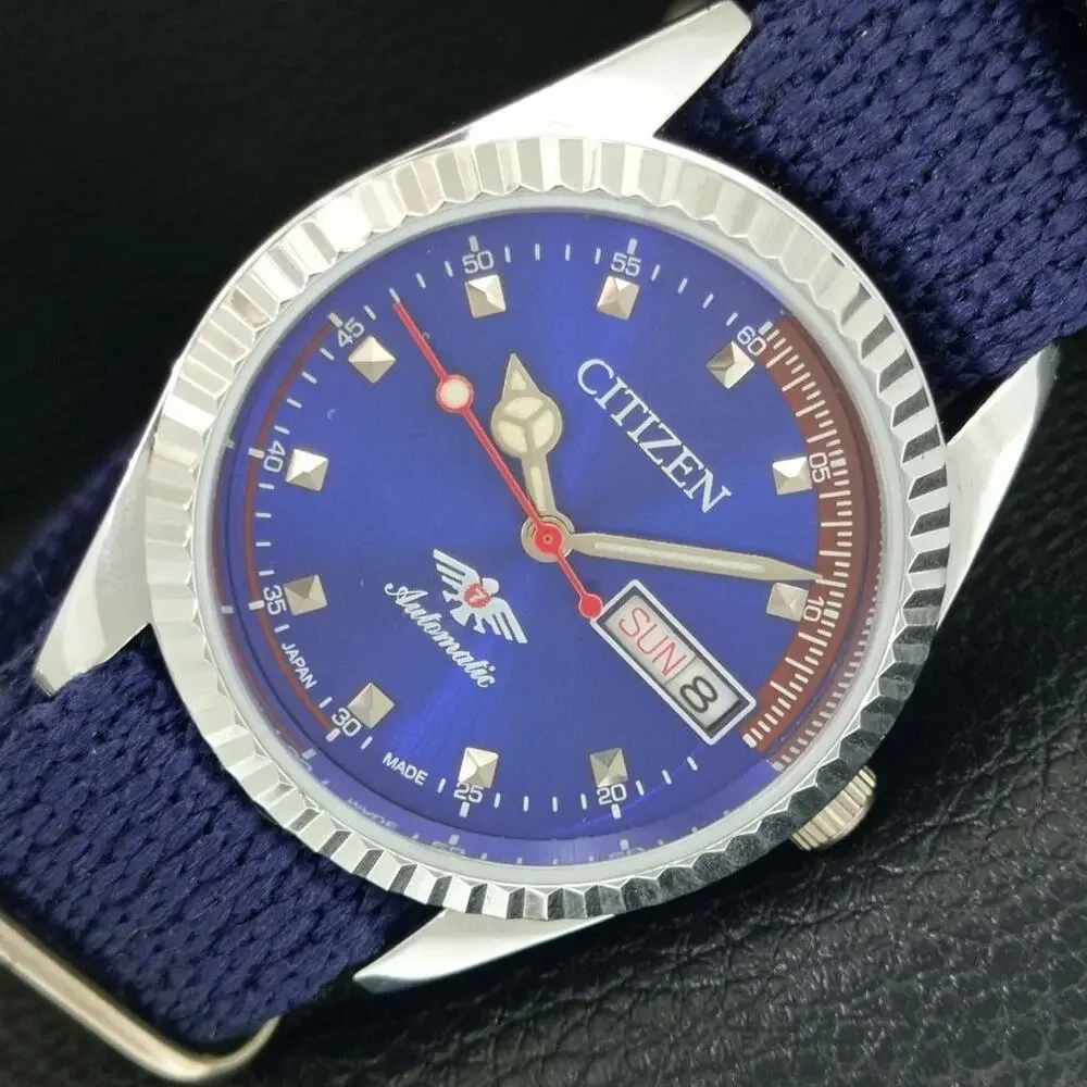 Vintage 1984 Citizen Automatic Mens Silver Watch W/daydate & Blue accents